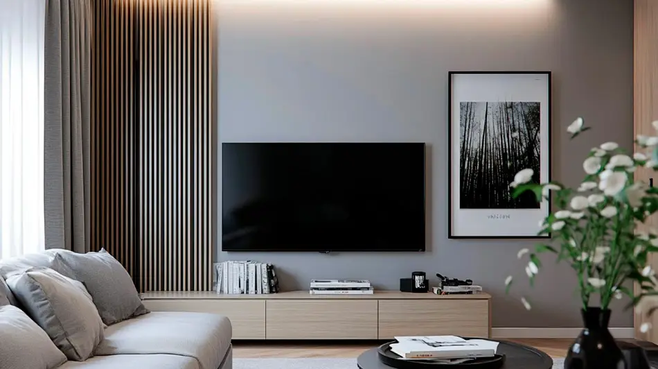 Helles Wohnzimmer mit großem Fernseher und ruhiger Einrichtung